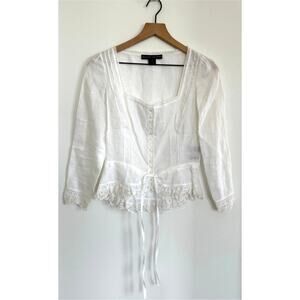 Ralph Lauren Black Label White Linen Blouse 3/4 Sleeve Size 8